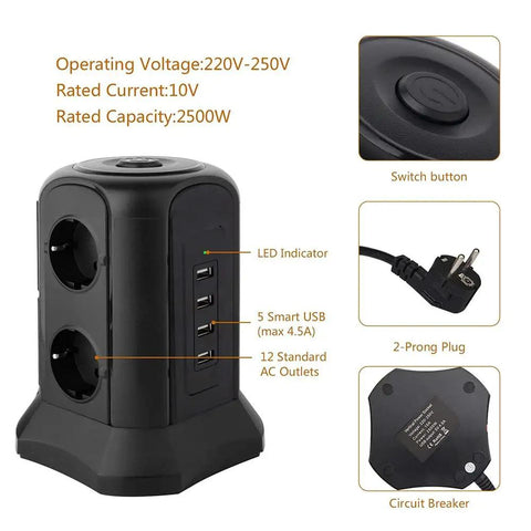 Super Slick Smart Tower Power Strip With Six Euro Outlets And Fast Usb Charging Ports Auto Surge Protector showing vertical design, USB ports, and power buttons.