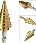 Step Drill Bit Set 4 To 22mm HSS Titanium Coated With Quick Change Cone And 1 Quarter Inch Hex Shank for metal plastic wood shown.