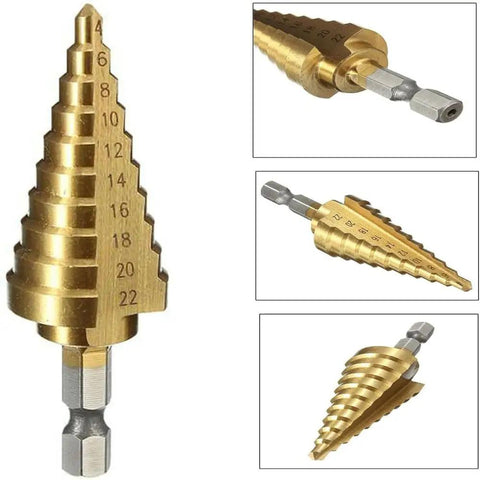 Step Drill Bit Set 4 To 22mm HSS Titanium Coated With Quick Change Cone And 1 Quarter Inch Hex Shank for metal plastic wood shown.