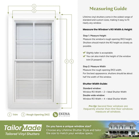 Measuring guide for installing Lifetime Vinyl Shutter Loks 3 Inch Black on windows, includes trim and rough opening instructions.