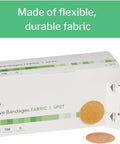 Box of Adhesive Spot Bandage 1 Inch Round Tan Medi Pak Performance Sterile Latex Free Sheer Fabric with bandages displayed