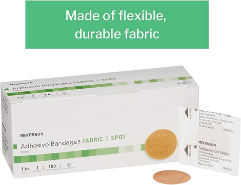 Box of Adhesive Spot Bandage 1 Inch Round Tan Medi Pak Performance Sterile Latex Free Sheer Fabric with bandages displayed