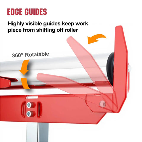 Close-up of red 2 Pack Folding Roller Stands With 27 To 43 Inch Adjustable Height Heavy Duty Steel Build Ideal Outfeed Support