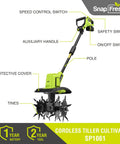 20V Cordless Tiller Cultivator With 4Ah Battery And Fast Charger Included 300 RPM Garden Rototiller SP1061 diagram