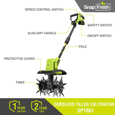 20V Cordless Tiller Cultivator With 4Ah Battery And Fast Charger Included 300 RPM Garden Rototiller SP1061 diagram
