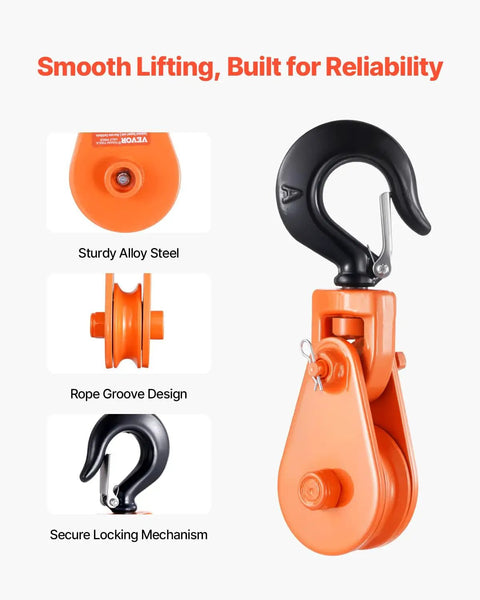 Heavy Duty Snatch Block With Swivel Hook For Towing And Recovery Two Ton Capacity Three Inch Pulley Three Eighth Inch Wire Rope Four Thousand Four Hundred Lb Working Load Ten Thousand Lb Break Strength Beefy For Tow Jobs And Off Road Recovery, orange alloy steel with swivel hook