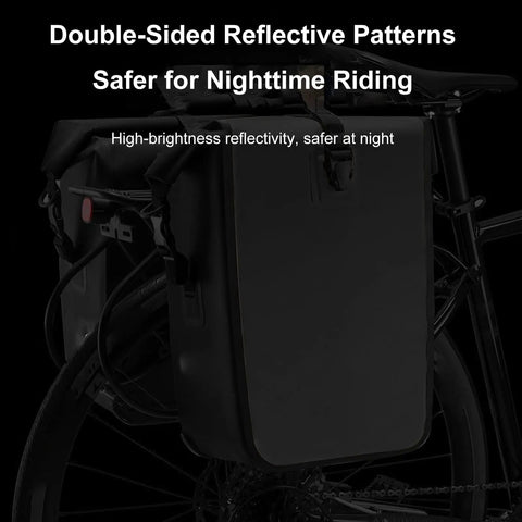 Rainproof Bike Rack Pannier Bag With Reflective Strips And Buckle attached to a bike for nighttime visibility and safety.