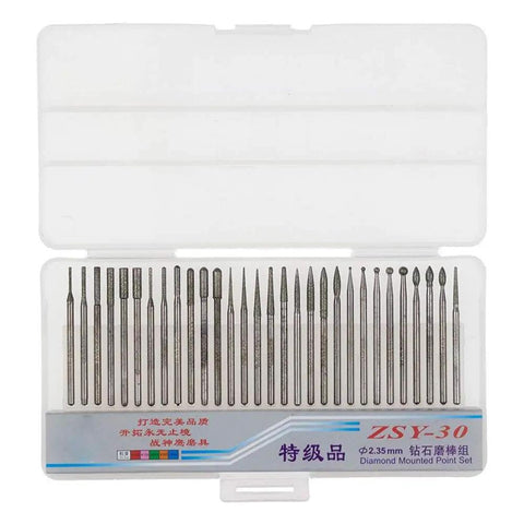 30 Piece 2.35Mm Shank Titanium Coated Diamond Burrs Set For Rotary Tools in plastic case with assorted shapes