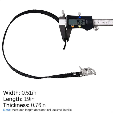Black 2 Pair Universal Bike Pedal Toe Straps Replacement with Adjustable Steel Buckle shown with caliper measurements