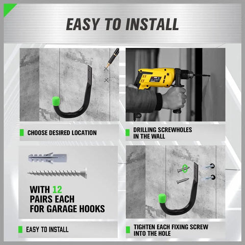 Installation guide for Heavy Duty Garage Storage Hooks 6 Pack For Wall Mounting, Black Tubular Metal Utility Hangers