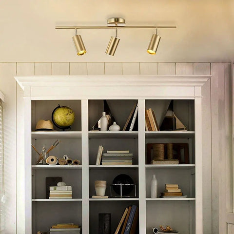 Brass Gold 3 Light Track Lighting Kit With Adjustable LED Heads, dimmable ceiling spotlights over white bookshelf