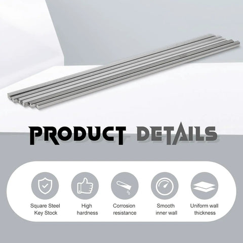 12 Piece Square Steel Bar Stock Set One Quarter Inch By One Quarter Inch By Twelve Inch Cold Drawn Metal Bars For DIY Projects Fabrication And Industrial Use Heavy Duty High Precision Durable And Ready For Machining shown in a horizontal layout.