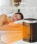 Portable 1500W PTC Space Heater With 70 Degree Rotating Head showing silent operation near a resting person.