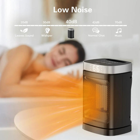 Portable 1500W PTC Space Heater With 70 Degree Rotating Head showing silent operation near a resting person.