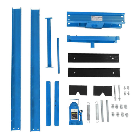 Heavy Duty 20 Ton H-Frame Hydraulic Shop Press components, industrial strength steel parts in blue, used for auto repair.