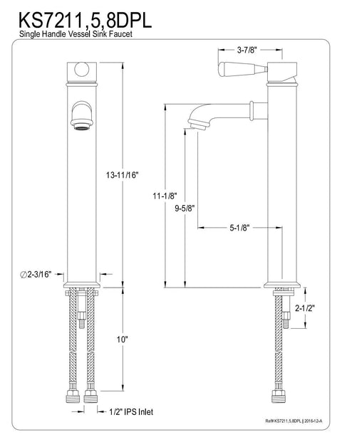 Single Handle Vessel Sink Faucet in Brushed Nickel, Deck Mount, Drip Free Ceramic Disc, Brass Zinc Alloy Build, 1.2 GPM Flow diagram