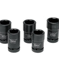 Five Piece 1 Inch Drive Budd Wheel Socket Set Metric And SAE Includes 33 Mm 35 Mm 38 Mm 41 Mm And One And A Half Inch Sockets