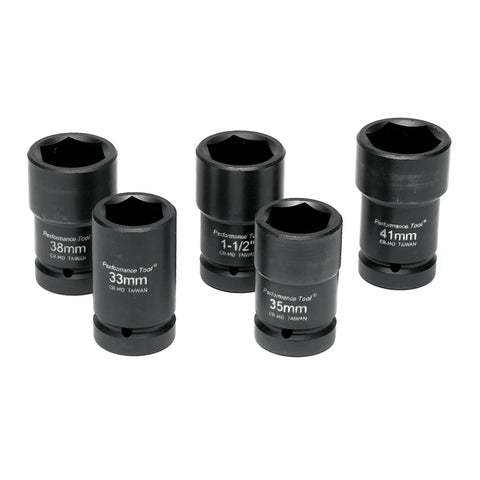Five Piece 1 Inch Drive Budd Wheel Socket Set Metric And SAE Includes 33 Mm 35 Mm 38 Mm 41 Mm And One And A Half Inch Sockets