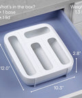 StoraBag Drawer Food Bags Dispenser For Kitchen Storage, 4-slot organizer in white, dimensions 12x10.3x2.8 inches, shown in drawer.