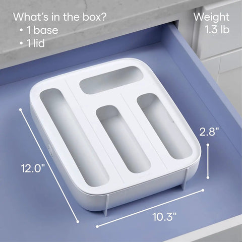 StoraBag Drawer Food Bags Dispenser For Kitchen Storage, 4-slot organizer in white, dimensions 12x10.3x2.8 inches, shown in drawer.