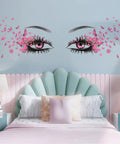 Eyelash Eyes Wall Stickers With Flying Butterflies, Girly Heart Decor in bedroom setting, Waterproof Matte Vinyl, Removable