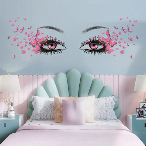 Eyelash Eyes Wall Stickers With Flying Butterflies, Girly Heart Decor in bedroom setting, Waterproof Matte Vinyl, Removable