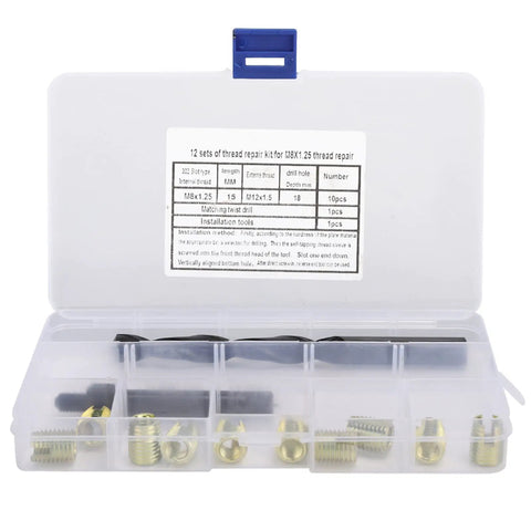 12 Piece M8 By 1.25 Thread Repair Kit With Self Tapping Inserts For Automotive, Military, Home Appliances, Engineering Plastics, And Die Castings, Built Tough To Stop Loosening And Resist Vibration. plastic case with M8x1.25 inserts and drill bit