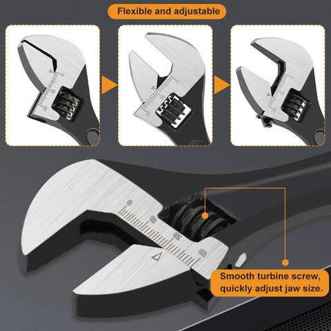 Ridiculously Handy 3-Piece Adjustable Wrench Set With 6, 8, And 10 Inch Wide Jaw; close-up of wrench jaw and adjustment mechanism