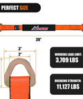 Beefy 4 Pack Axle Tie Down Straps 2 Inch by 38 Inch With Protective Sleeve and D Ring, Road Ready Heavy Duty Kit For Trailers, Trucks, UTVs, And Car Hoists, 11127 Lbs Break Strength, 3709 Lbs Working Load. 38-inch orange strap with D ring and size details