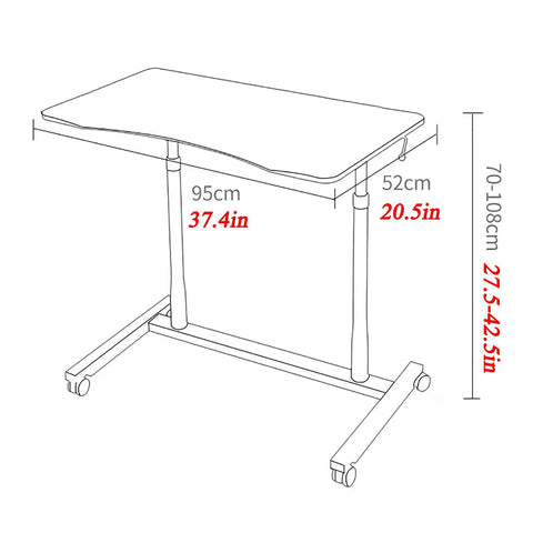 No Sweat Height Adjustable Laptop Desk with Smooth Glide Casters dimensions, 95cm x 52cm, adjustable height 27.5-42.5in.