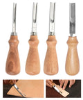 Leather Edge Skiving Beveler Tool Set For Leatherworking, French Style Beveler With Wide Mouth Edge Trimmer And Wooden Handle, Four Size Set 4mm, 6mm, 8mm, 10mm, Pro Grade Steel displayed in use on leather