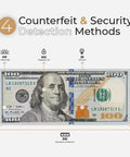 Counterfeit detection methods for $100 bill using UV MG IR on Workhorse Cash Counter With Counterfeit Detection UV MG IR DD DBL HLF CHN
