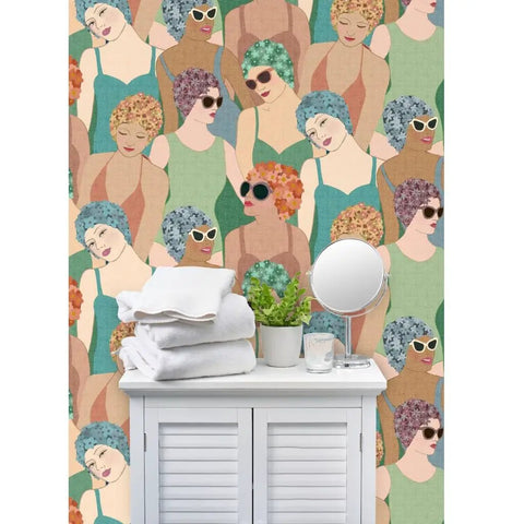 Hella Durable Art Deco Wallpaper Featuring Elegant Feminine Designs With Super Tough Linen Texture Surface and PVC Free Type II Professional Covering for Interiors in a stylish room setting.
