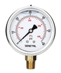 60 Psi Glycerin Filled Low Pressure Gauge With A 2.5 Inch Dial And A One Quarter Inch NPT Lower Mount In A Built Tough 304 Stainless Steel Case For Pool Sand Filter Water Pump Tire Water Oil And Air Pressure Testing, front view
