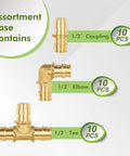 30 Pack PEX A Combo Fittings Set With Elbow Tee And Coupling, 1/2 inch lead-free brass couplings, elbow, and tees shown