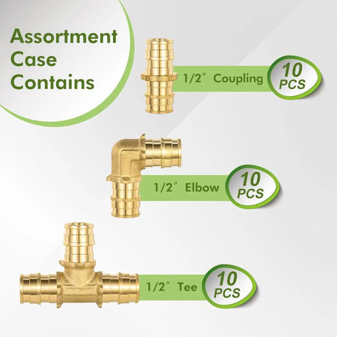 30 Pack PEX A Combo Fittings Set With Elbow Tee And Coupling, 1/2 inch lead-free brass couplings, elbow, and tees shown