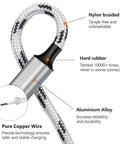 3 in 1 USB Charging Cable Set, 5 ft Nylon Braided Multi Charger Cable, 3 Pack Universal Type C Micro USB USB A Connectors for Phones, Tablets, and More, Fast Charge, Travel Ready, Shareable Cord showing braided cable and reinforced ends