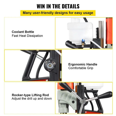 Heavy Duty Magnetic Drill Press Featuring A Heavy Hitter 1200 Watt Motor and user-friendly features, including a coolant bottle and ergonomic handle.