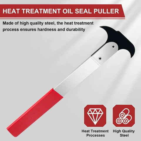 Seal Puller Tool For Oil Seal Removal In Cars SUVs Light Trucks And Machinery Third Generation With 30 Percent Thicker Dual Hook Tips And Heat Treated Steel For Pro Grade Heavy Duty Automotive And Equipment Repair, showing heat-treated steel dual-hook