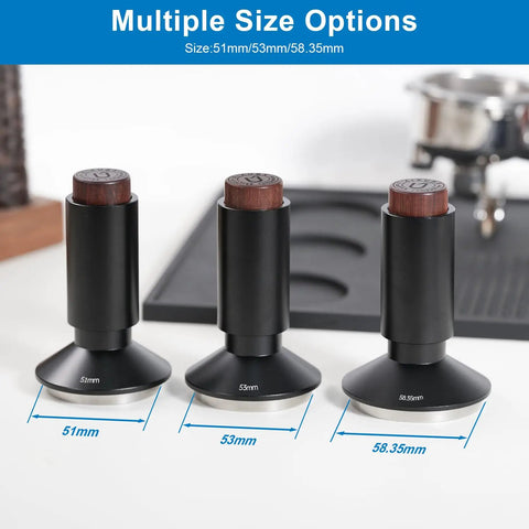 2-In-1 Espresso Tamper And Magnetic WDT Tool With 53mm Spring-Loaded Base in multiple sizes at 53mm and 58.35mm on table