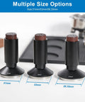 Hella Precise 2 In 1 Espresso Tamper And Wdt Tool With Spring Loaded Calibration For 58 Millimeter Baskets shown in sizes 51mm, 53mm, and 58.35mm.