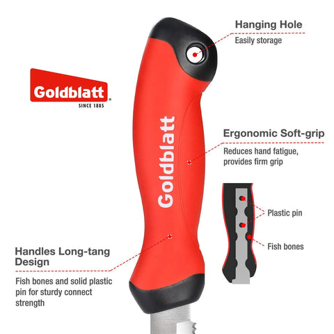 Goldblatt stainless steel linoleum cutter with red ergonomic soft-grip handle and hanging hole (front view).