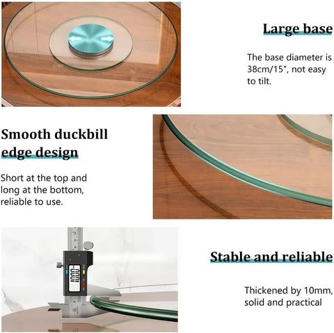 Heavy Duty Tempered Glass Lazy Susan Turntable Rock Solid Smooth Glide Kitchen Workhorse Serving Tray For Banquets And Home Tables Crystal Clear Scratch Resistant 39 Inches large base and smooth edge design close-up.