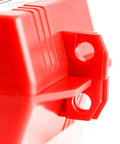Close-up of Nonconductive Polypropylene Plug Lockout Device For Lockout Tagout And Power Plugs M Size Fits 110 To 125V 30A, red enclosure