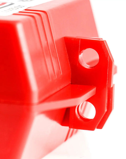 Close-up of Nonconductive Polypropylene Plug Lockout Device For Lockout Tagout And Power Plugs M Size Fits 110 To 125V 30A, red enclosure