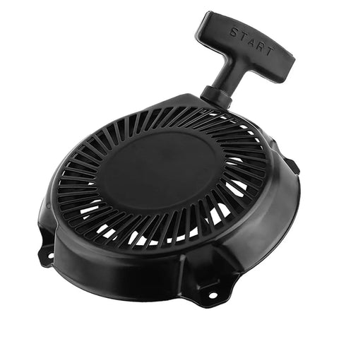 Heavy Duty Snowblower Starter Pulley And Pull Start Assembly Replaces 591301 693394 791670 795930 top view of black starter pulley with pull cord.