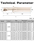 TCAP multifunction drilling and boring tool technical parameter diagram with size table; metallic body (Amazon)