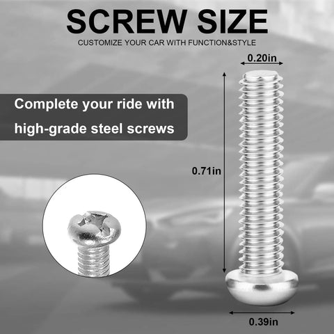 Anti Rattle Stainless Steel License Plate Screw Caps With Rhinestone Diamond Accents Black 4 Pack Rustproof Keeps Your Front And Rear Plates Secure And Quiet While Driving, close-up of steel screw dimensions.