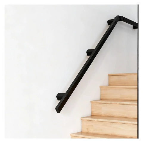 Heavy Duty Black Wrought Iron Stair Railing With Sick Super Grippy Treads For Indoor Outdoor All Weather Home Safety No Sweat Mount For Attic Porch Deck on wooden stairs, modern design.