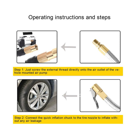 Two Piece Heavy Duty Tire Inflator Hose Adapter With 13 Inch Stainless Steel Extension For Cars And Bikes Reaches Tight Valve Spots Easy With M8 Thread Secures Air Pump Flow Avoids Leaks Helps Maintain Pressure High On The Road Anytime You Drive. showing inflator hose steps